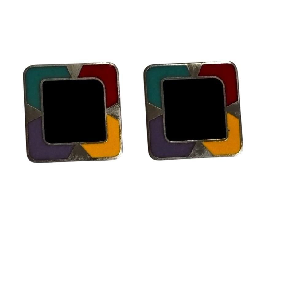 Vintage 1980’s signed Laurel Burch enamel and silver toned pierced earrings.